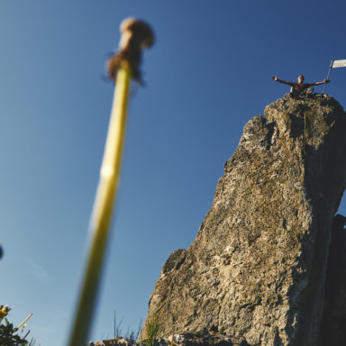 Fotopause während des Kletterns an den Drei Zinnen im Frankenjura